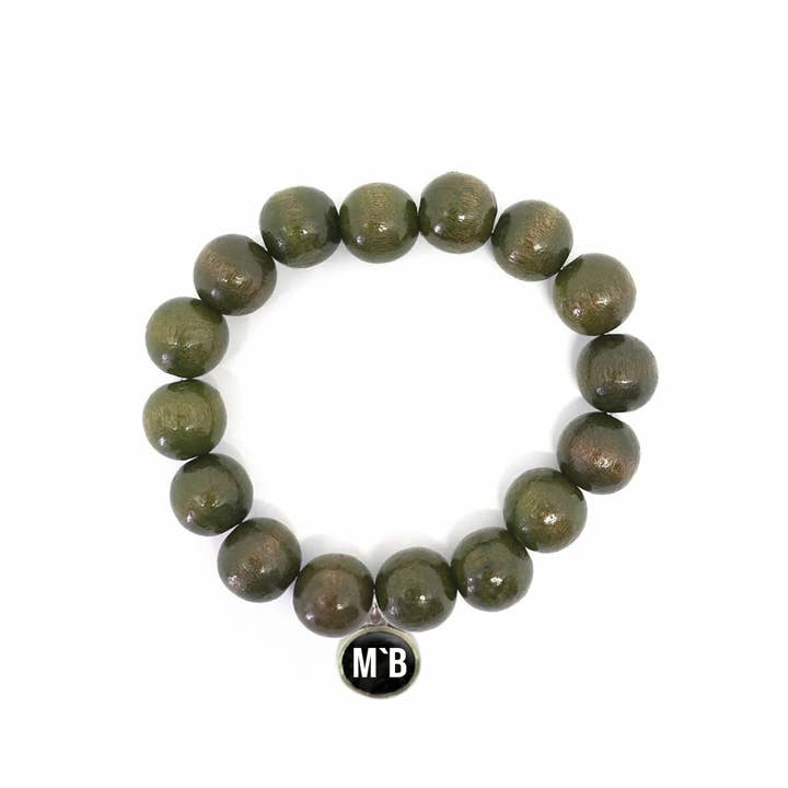 Pulsera Mo`Beads color oliva, hecha de cuentas de madera para venta al por mayor de Escapulario