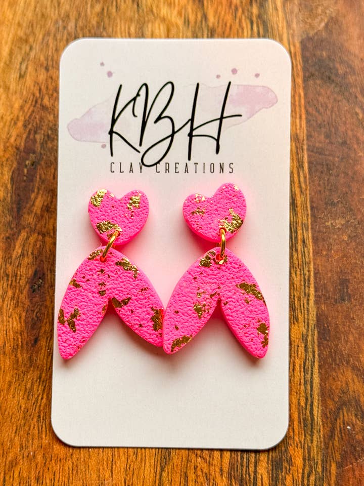 Hot Pink and Gold V Heart Dangle Clay Earrings for wholesale by KBH CREATIONS