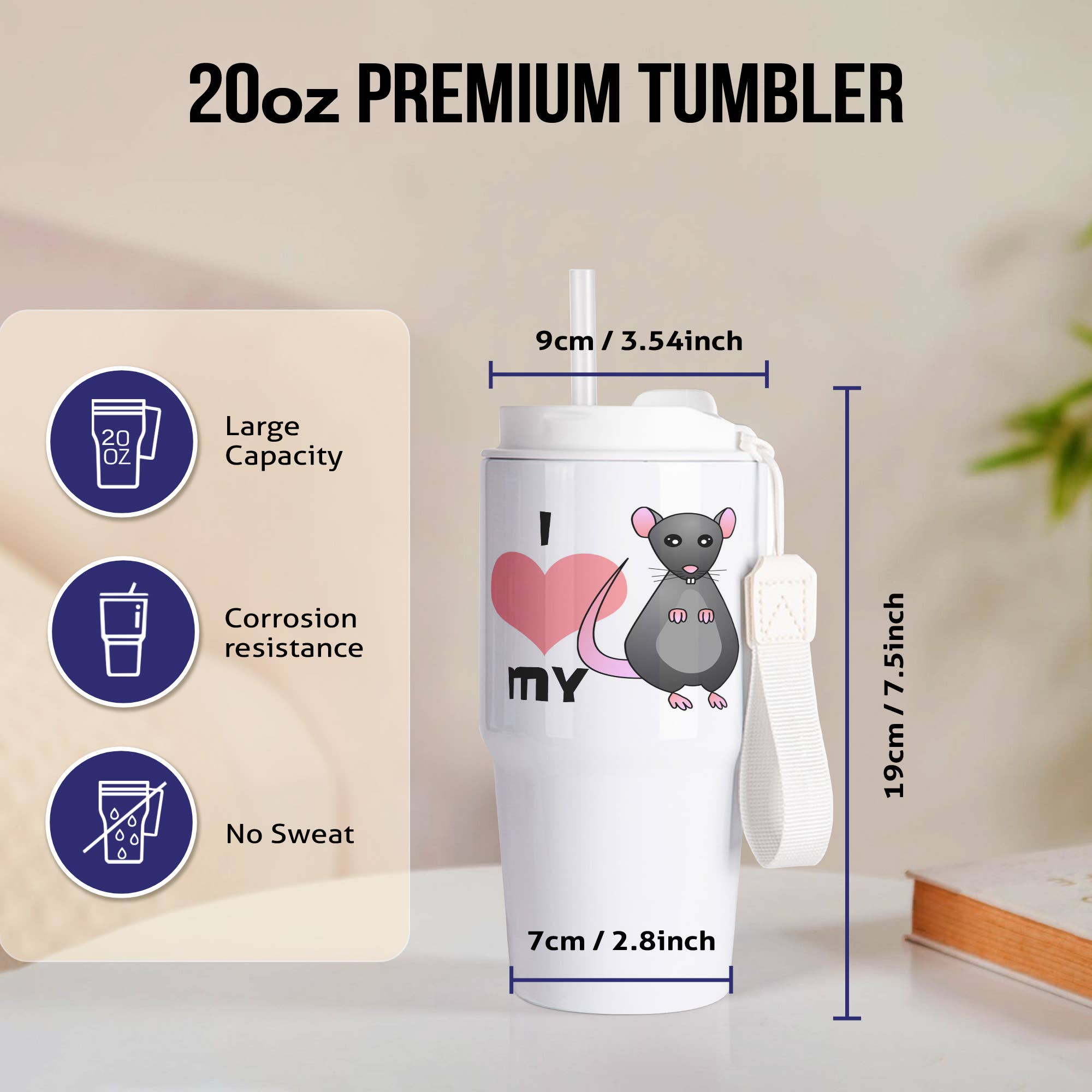 3dRose - Wholesale Insulated Mug/Tumbler - 3dRose, Love My Rat Grey, Tumbler1