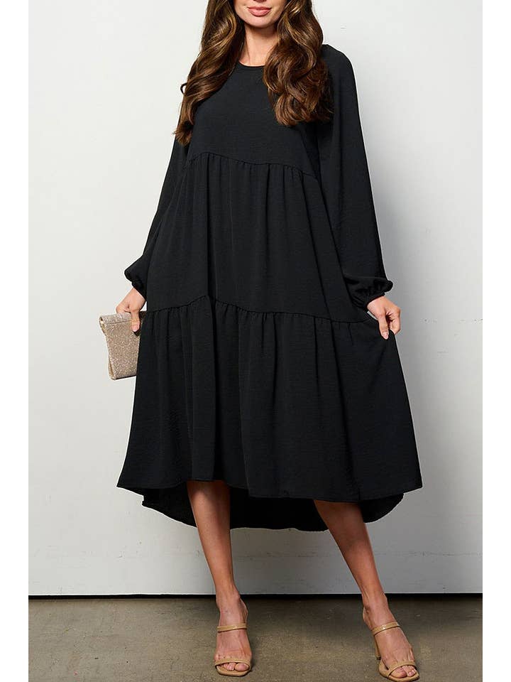 ROUSSEAU - Wholesale Dress - Women's - LONG SLEEVE TIERED HIGH-LOW MIDI DRESS
