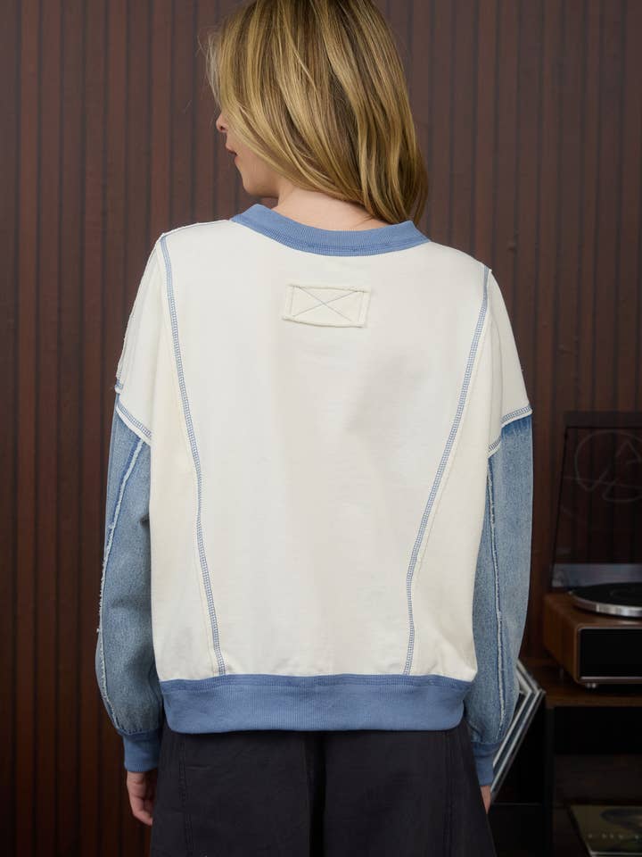 CREAM MULTI MIX MEDIA DENIM SLEEVE KNIT TOP for wholesale on Faire1