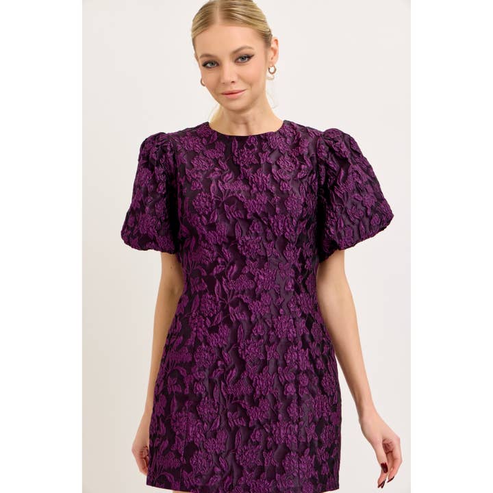 LENA - Wholesale Dress - Women's - METALLIC JACQUARD BALLOON SLEEVE MINI DRESS1