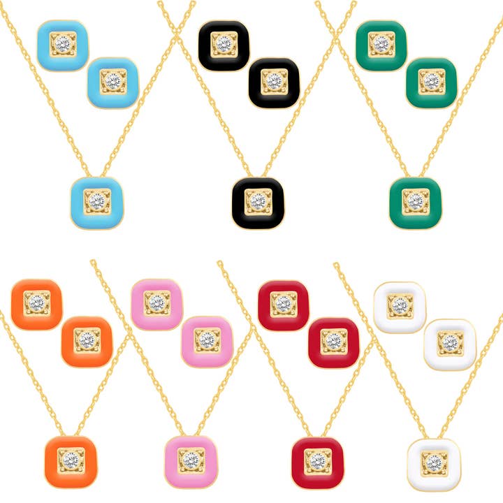 Enamel SQUARE Earrings + Pendant Box Set for Women Girls Gol for wholesale by Prime and Pure