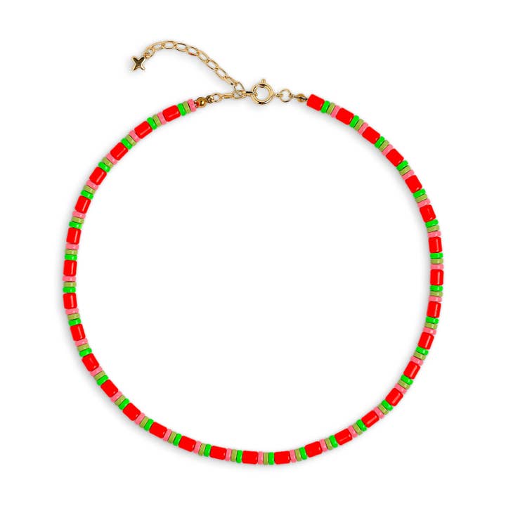 Red, Pink and Green Enamel Metal Bead Necklace for wholesale by XUXA