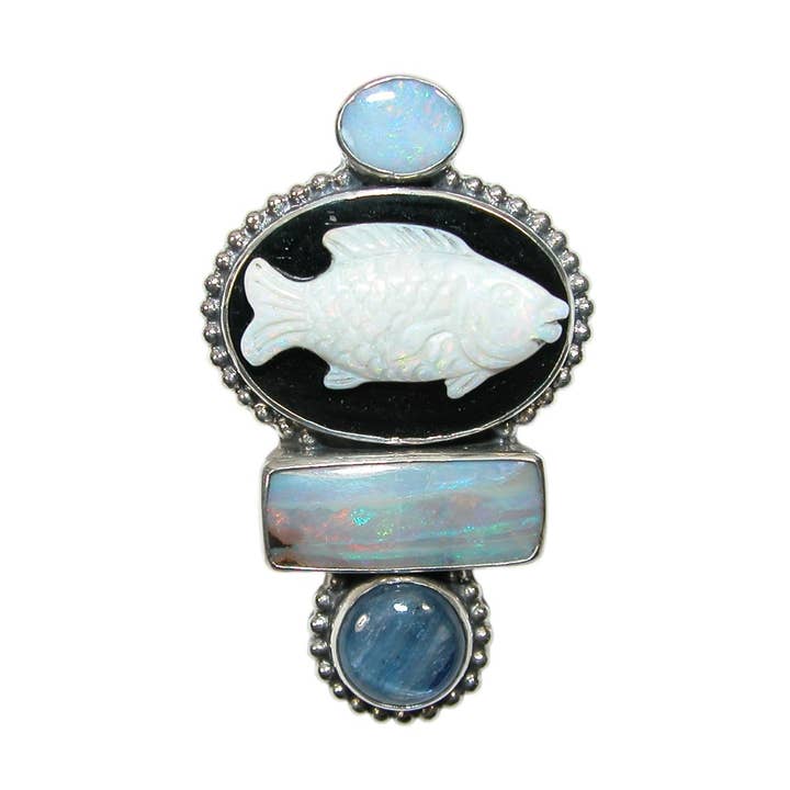 Carved Opal Fish on Black Onyx Sterling Silver Pin Pendant for wholesale by Amy Kahn Russell
