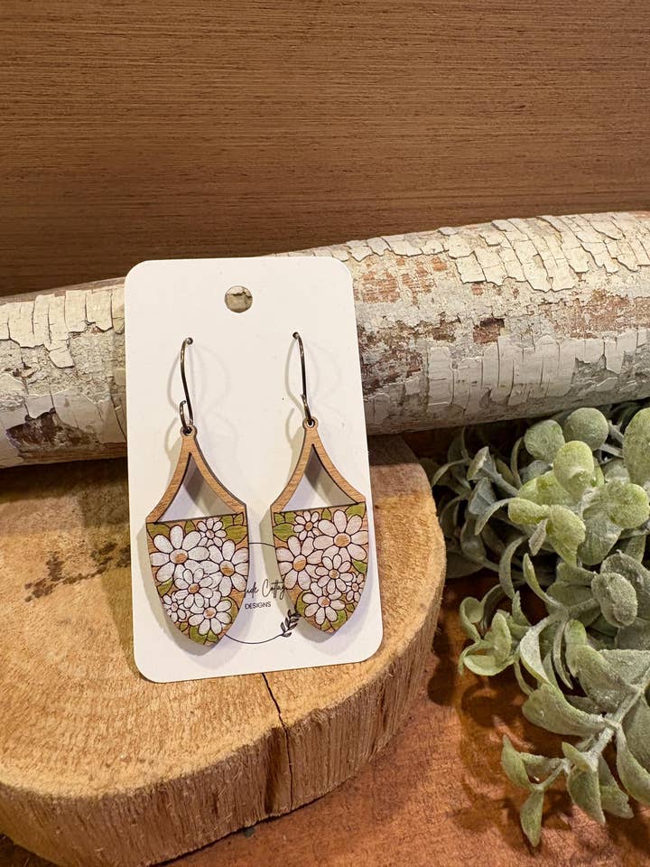 Hanging Daisy Drop Earrings, laser engraved, handpainted, wood earrings, nickel free for wholesale by Creekside Cottage Designs