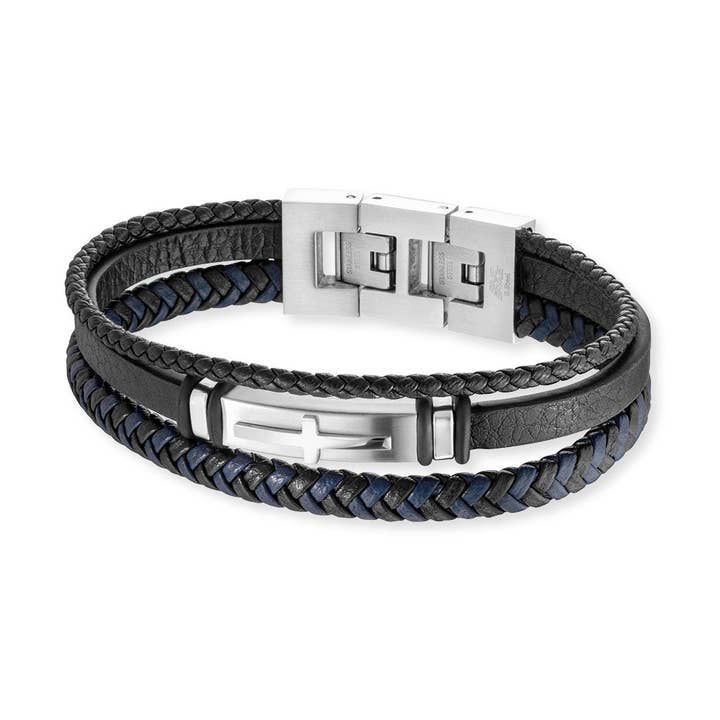 Save Brave men's leather bracelet black made of leather and stainless steel Logan for wholesale by Save Brave