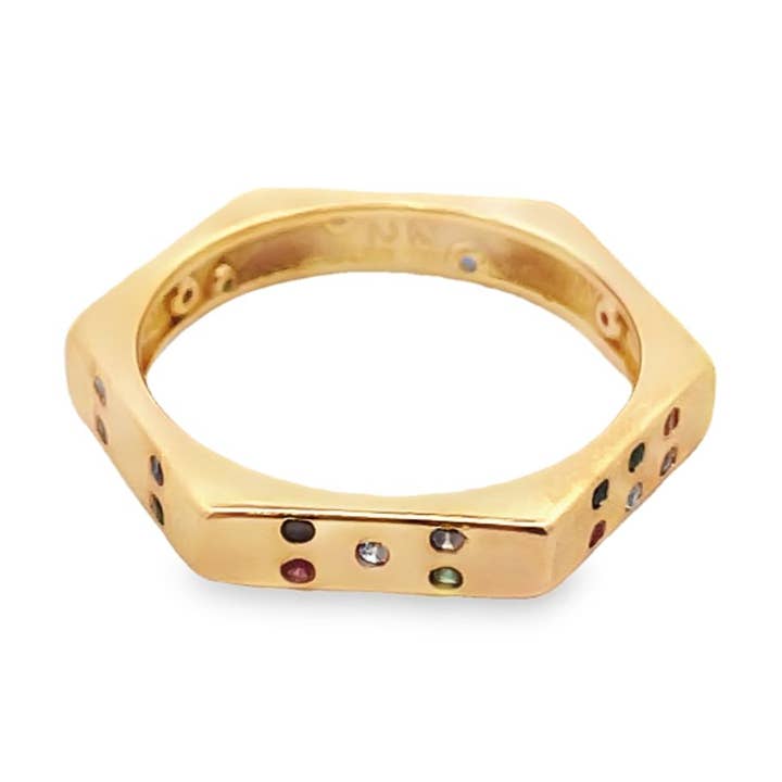 Zeshoekige ring met meerkleurige CZ-stenen voor wholesale door MIA Jewelry