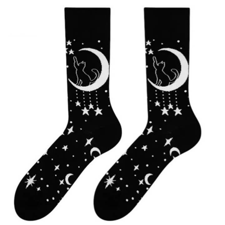 CAT MOON STAR GRAPHIC CREW SOCKS, SBK 14 for wholesale by JOIA ACCESSORIES