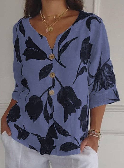 pinkblu02 – Engroshandel Bluse - Dame – Casual blomsterprintet bomuldslinned damebluse6