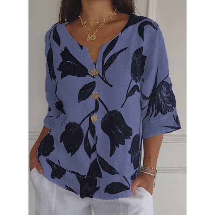 pinkblu02 – Engroshandel Bluse - Dame – Casual blomsterprintet bomuldslinned damebluse6