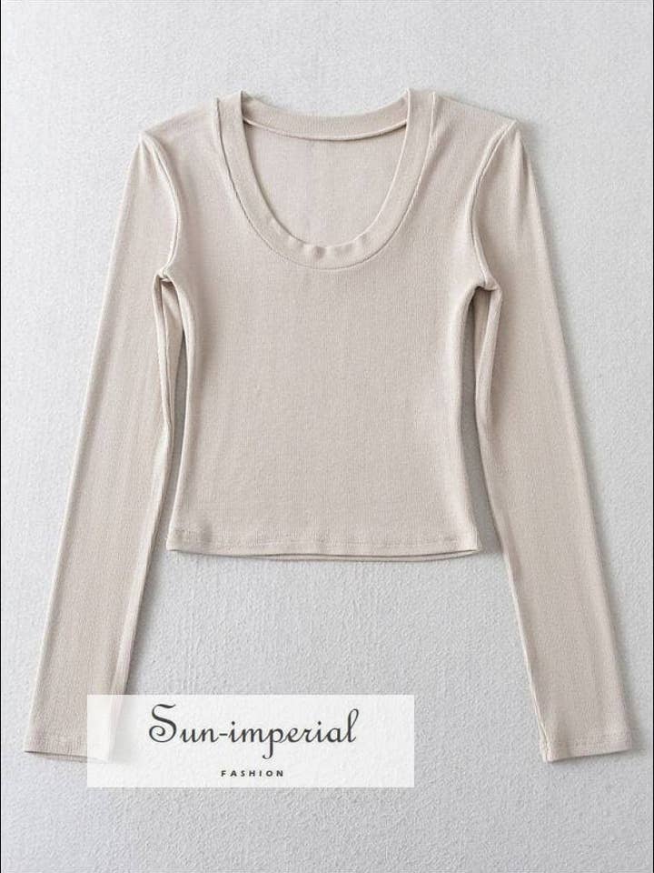 T-shirt aderente da donna a maniche lunghe a costine con scollo a O per la vendita all'ingrosso da parte di Sun Imperial