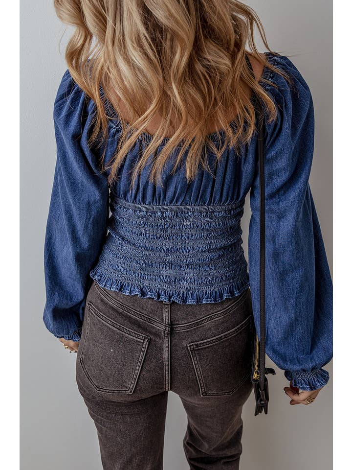 dunkelblau Jeansbluse mit gesmokten Puffärmeln für den Großhandel auf Faire