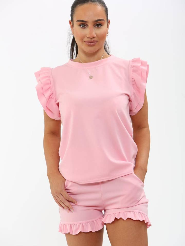 Ladies Frill Peplum Sleeve Top & Short Tracksuit Set for wholesale by AX Labels