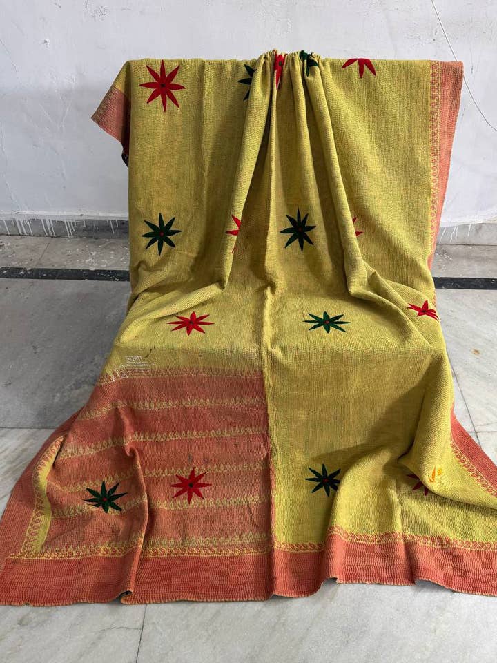 Embroidery Floral Design Blanket Cotton Kantha Stitch Quilts for wholesale by bhavnas boutique