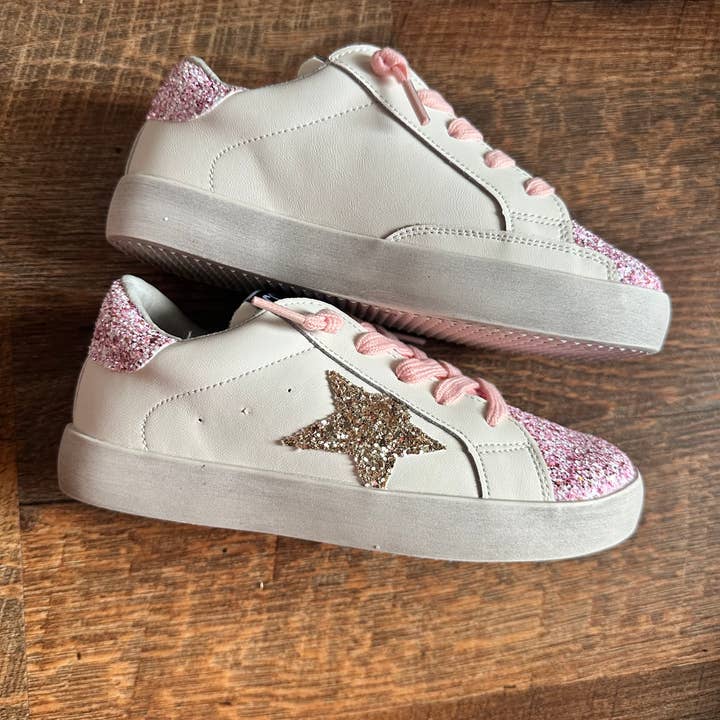 Torn and Trendy - Wholesale Lifestyle Sneakers - Kids - Gold Glitter Star Sneakers Pink Glitter Accent and Laces 2