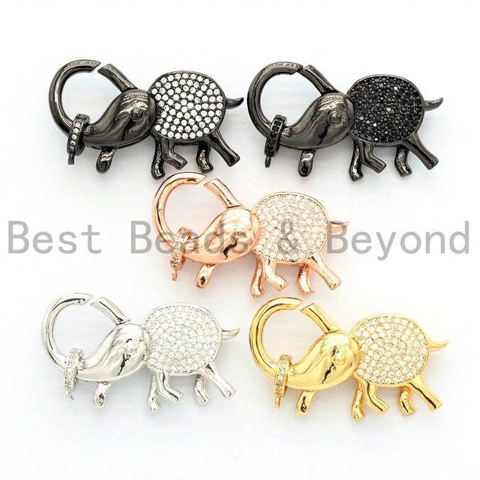 BestBeads&Beyond - Wholesale Individual Charm/Pendant - CZ Micro Pave Elephant Lobster Claw Clasp, Cubic Zirconia Pave elephant Connector/Clasp/link, Silver/Black/ Rose Gold/Gold,17x35mm, sku#H130