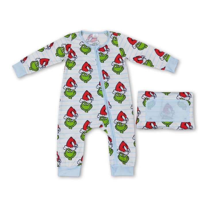 Yawoo Garments - Wholesale Sleepwear Set - Kids - Stripe green face boys bamboo Christmas pajamas2