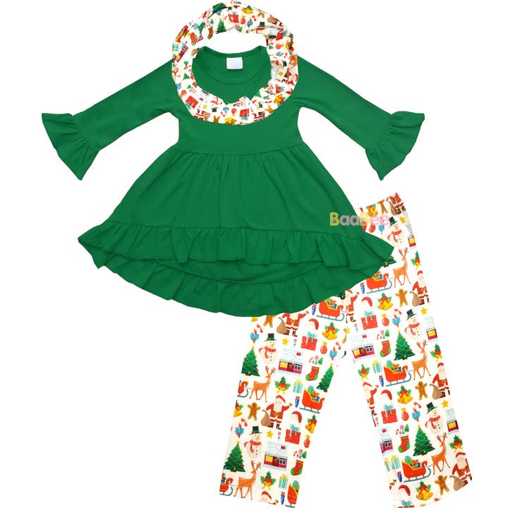 Bebé niña Feliz Navidad Top Pantalones Bufanda Outfit Verde/Marfil para venta al por mayor de Amor Babee