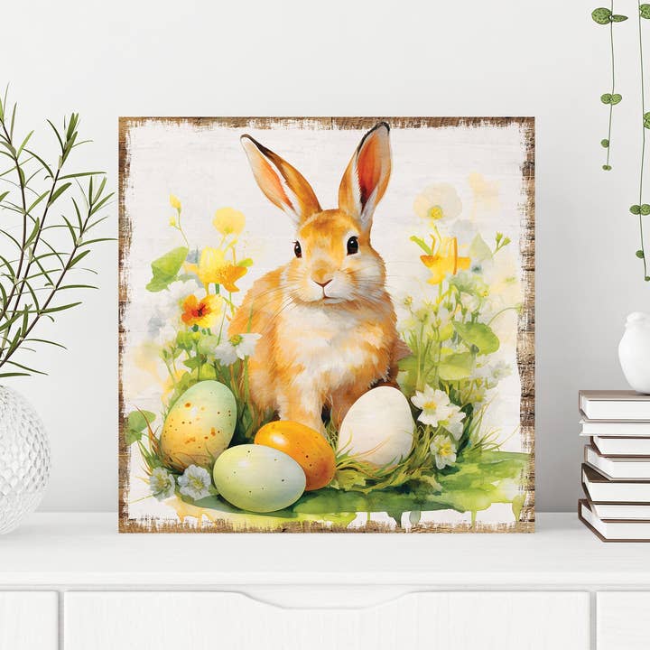 TX USA Corporation - Wholesale Sign - 12in Easter Bunny Canvas Art | Vintage Farmhouse Spring Mantel & Shelf Decor2