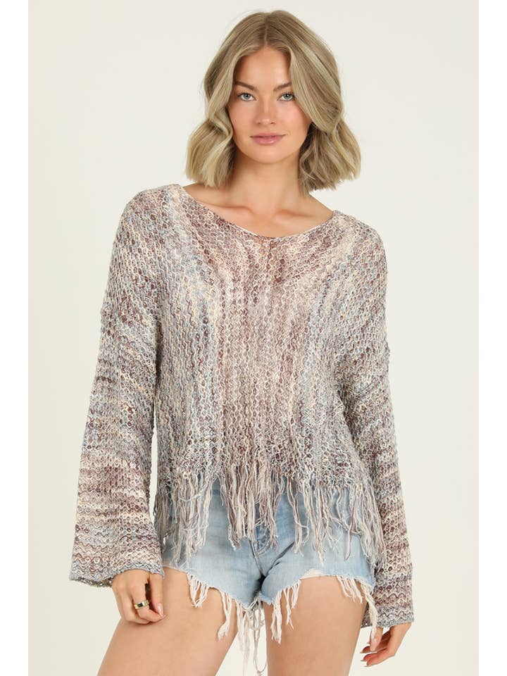 ANGIE - Wholesale Knit Sweater - Women's - XHN03-ASIS V NECK FRINGE HEM PULLOVER SWEATER2