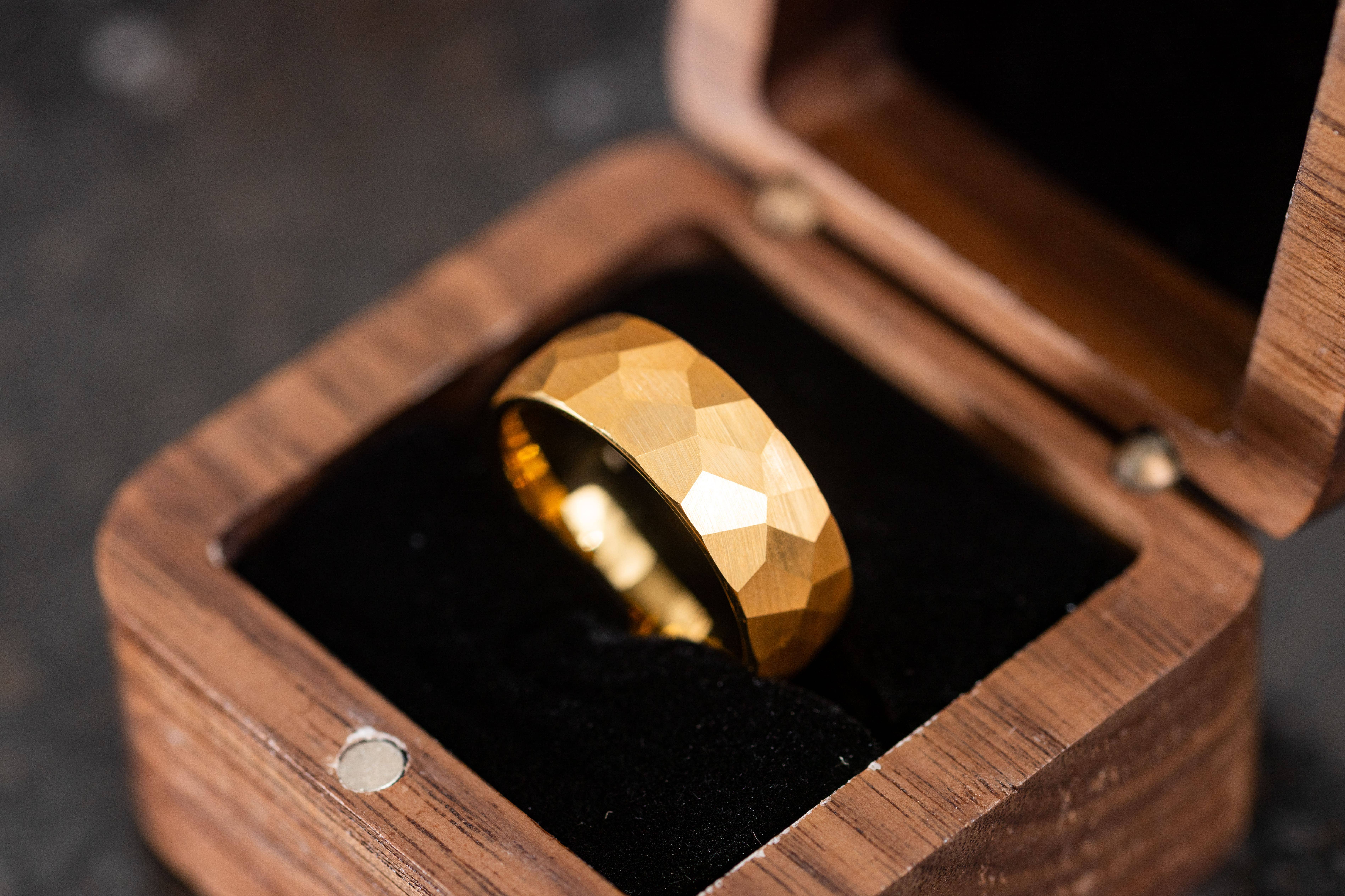 AxBands - Wholesale Wedding Band/Ring - 18k Hammered Gold Tungsten Ring, Gold Dome Wedding Band3