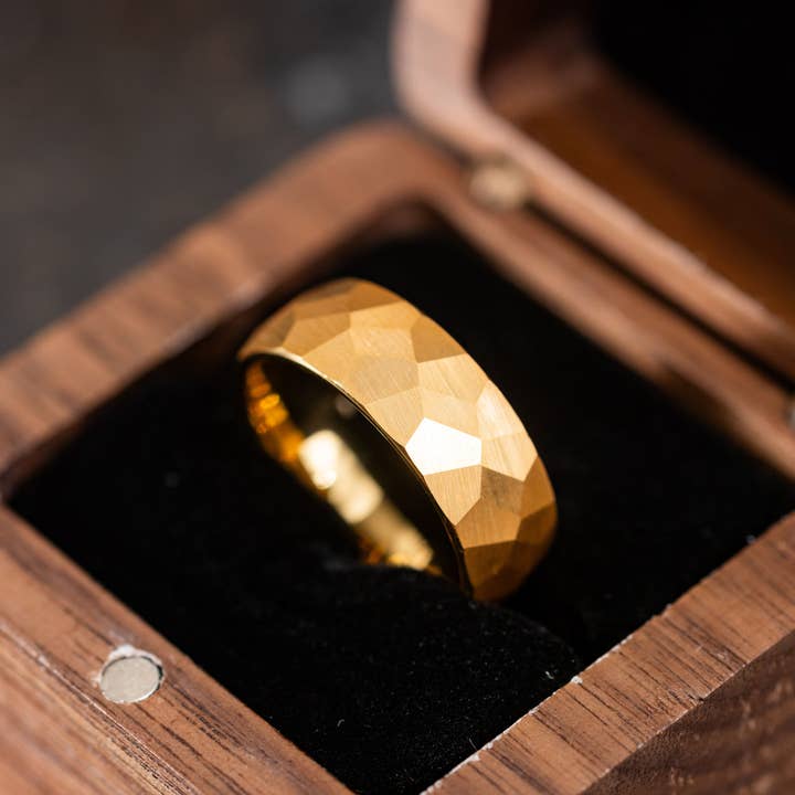 AxBands - Wholesale Wedding Band/Ring - 18k Hammered Gold Tungsten Ring, Gold Dome Wedding Band3