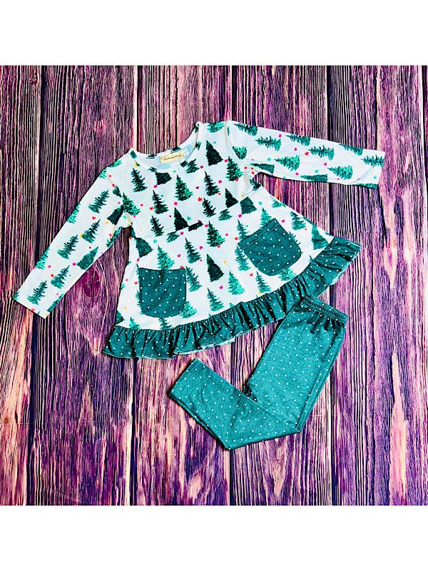luluclothes - Wholesale Top & Pant Set - Kids - Hunter green trees & polka dots 2pc ruffle set XCH0015-24H