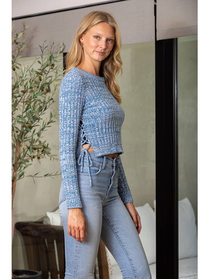 DENIM CABLE KNIT CROP SWEATER IBT15788 for wholesale on Faire2