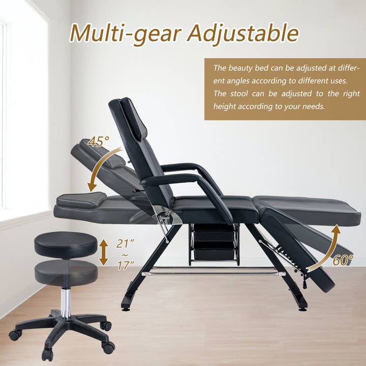 39F Inc. - Wholesale Chair - Massage Salon Tattoo Chair with Two Trays Esthetician Bed with Hydraulic Stool,Multi-Purpose 3-Section Facial Bed Table, Adjustable Beauty Barber Spa Beauty Equipment, Black