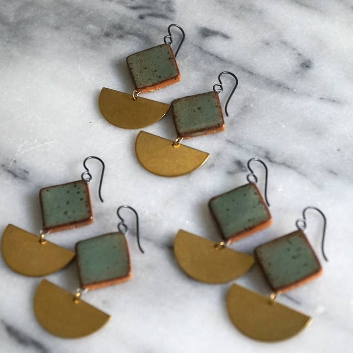 Sage Diamond Bead - Mixed Media Stoneware & Brass Earrings for wholesale by Half Light Honey