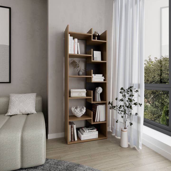 Natural Oak Bookcase Clover with Eleven Shelves for wholesale on Faire