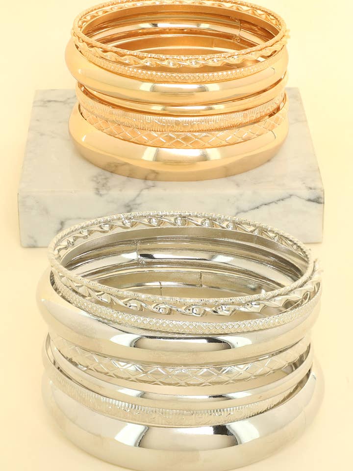 8-Piece Polished Multi-Stacked Bangle Bracelet Set for wholesale by SP Sophia Collection