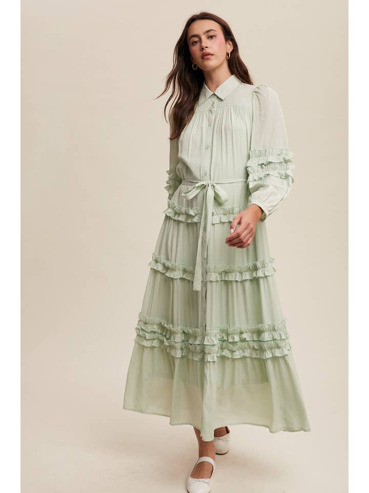 Listicle - Wholesale Dress - Women's - Ruffled Belted Maxi Shirt Dress LD14968