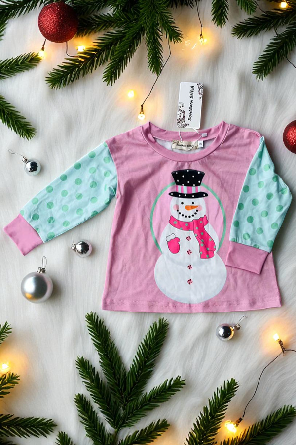 luluclothes - Wholesale Screen Printed T-Shirt - Kids - Christmas snowman printed pink girls t-shirt XCH010171