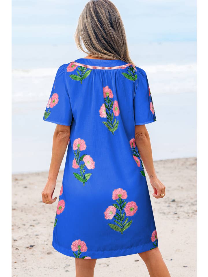 Aapparella - Wholesale Dress - Women's - Floral Print Short Sleeve Split Neck Mini Dress | S-XL