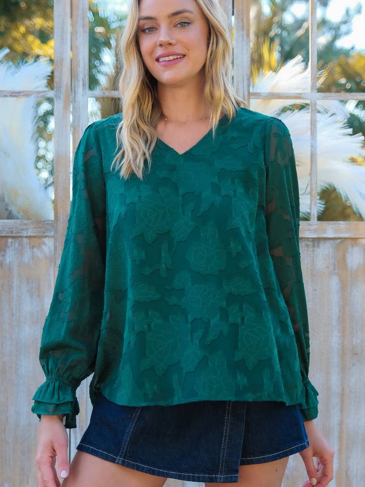 Blouse à manches longues avec col en V et motif floral en relief - PIT6970 pour la vente par Nicabel