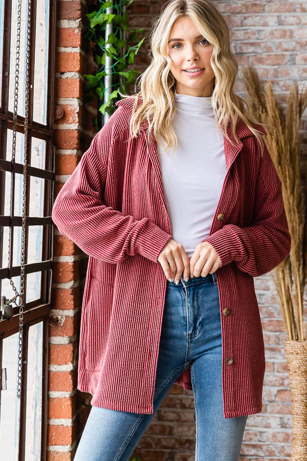 7th Ray – Großhandel Hemdjacke/Shacket – Damen – Solide Rippe Knopfleiste Seitentaschen Langarm Shacket T52563