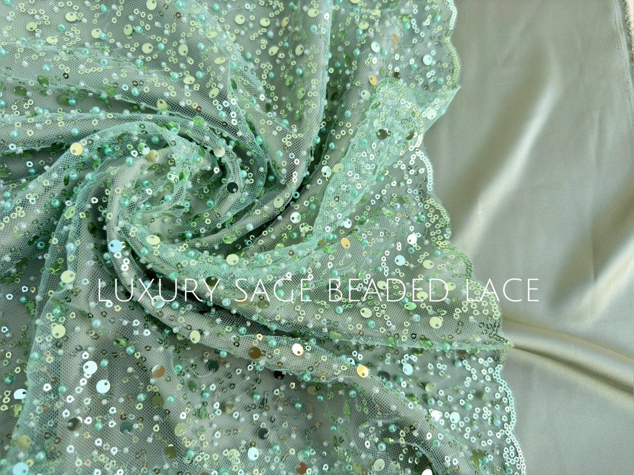 GalaTextile - Wholesale Craft Supplies - Sage Green Beaded Lace Fabric by Yard | Embroidered with Pearls & Sequins Mesh | Bridal Dresses, Gowns, Veils, Table Decor6