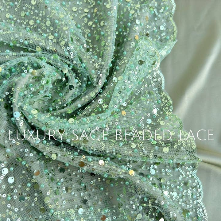 GalaTextile - Wholesale Craft supplies - Sage Green Beaded Lace Fabric by Yard | Embroidered with Pearls & Sequins Mesh | Bridal Dresses, Gowns, Veils, Table Decor6