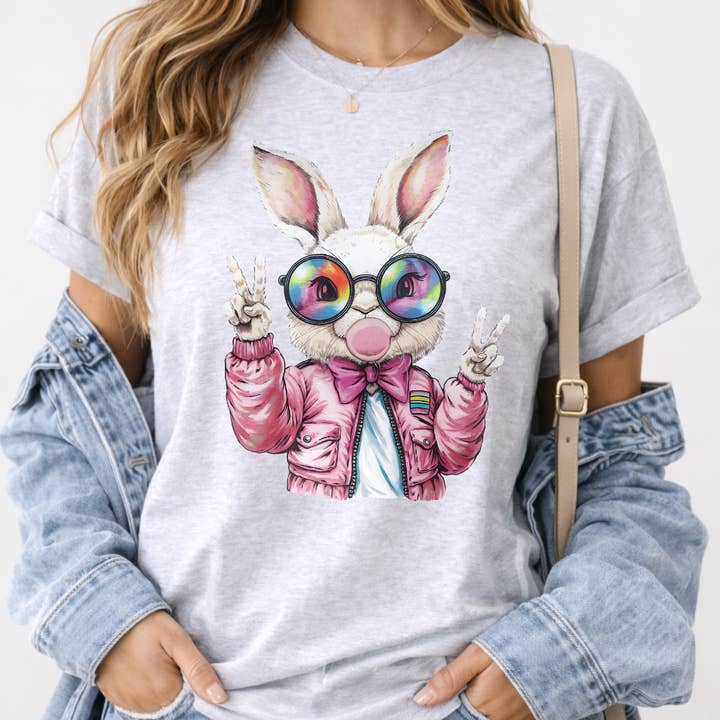 Retro Easter Bunny Blowing Bubble Gum Easter Graphic Tee for wholesale by Simply Spoken Apparel