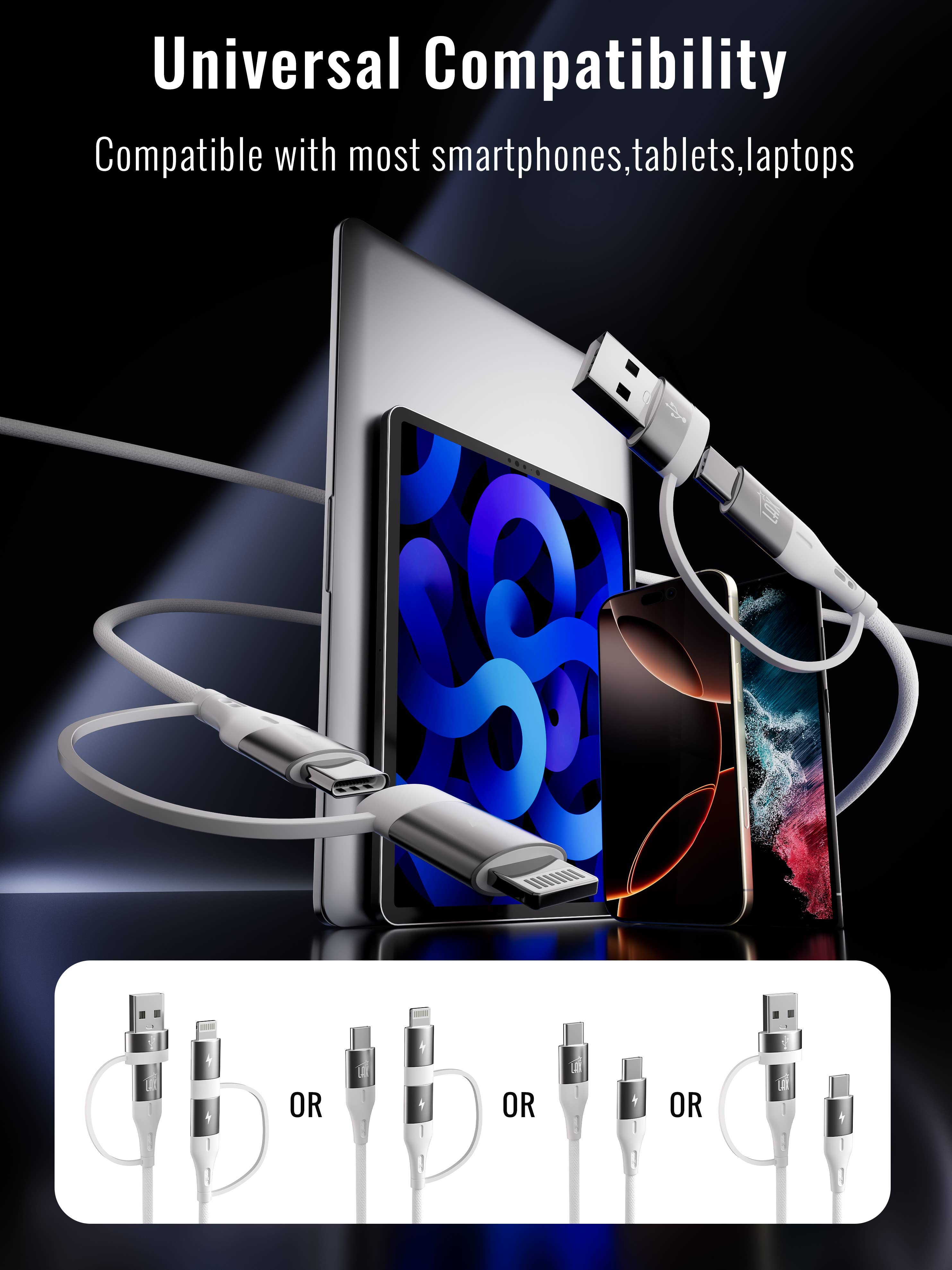 LAX Gadgets - Wholesale Portable Charger - USB PD 20W Wall Charger + 6ft 4-in-1 Linear Cable- Retail1