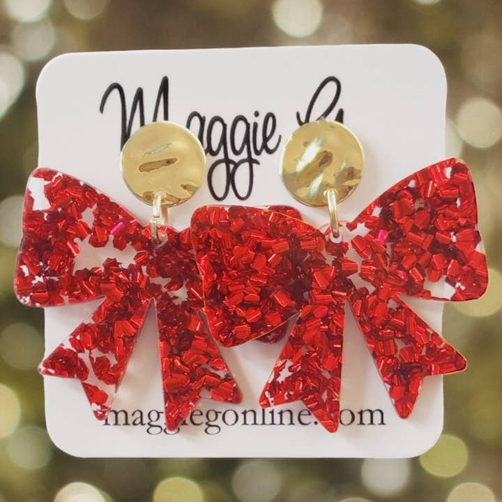 Maggie G - Wholesale Dangle Earrings - Bow earrings | Custom Earrings | Christmas | Handmade Chunky Red Glitter