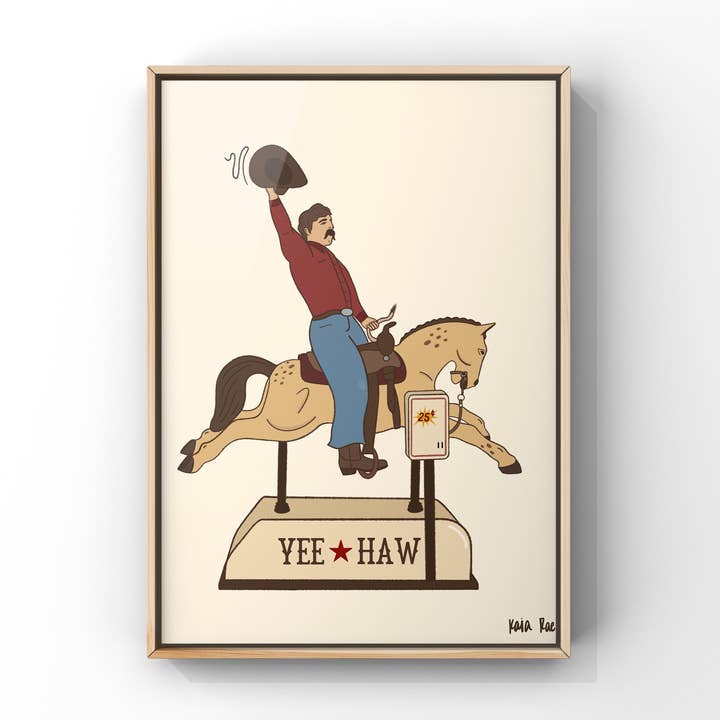 Impression artistique de cowboy chevauchant un cheval mécanique pour la vente par Surf Cowboy