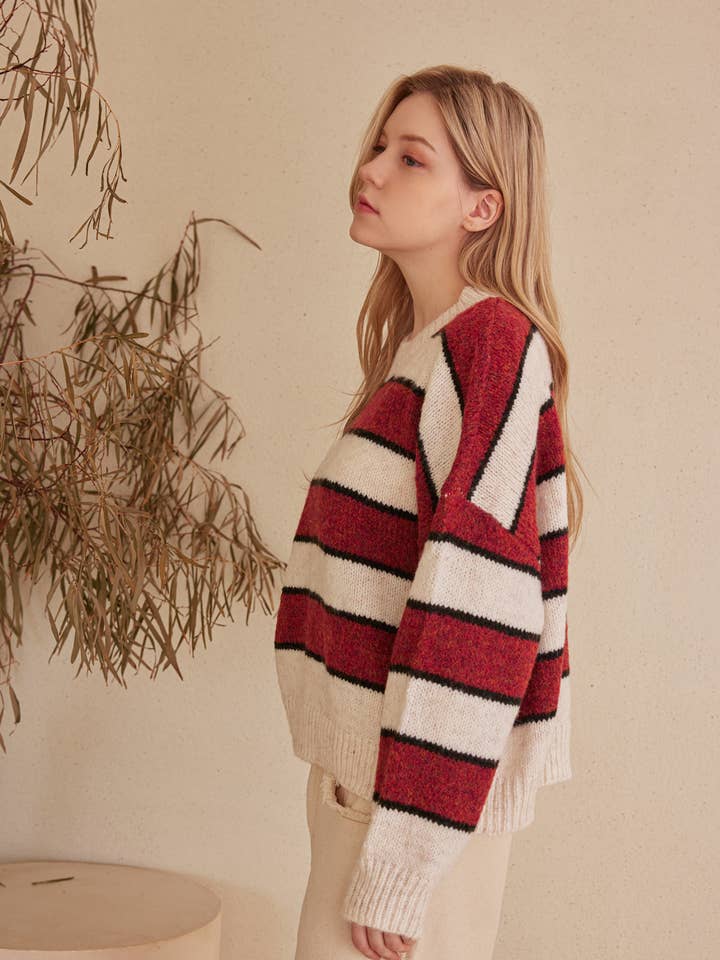 Red Ivory Striped Horizontal Bands Slightly Fuzzy Sweater for wholesale on Faire