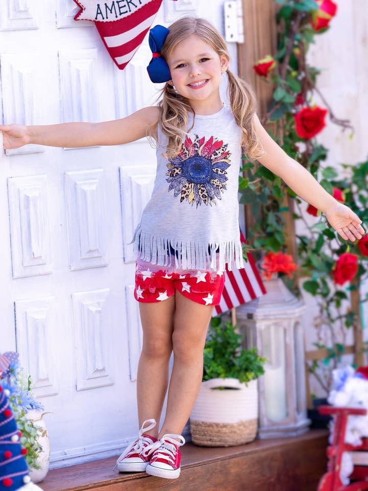 Gris Pantalones cortos de mezclilla sin mangas con estampado de girasoles y bandera de EE. UU. de venta al por mayor en Faire
