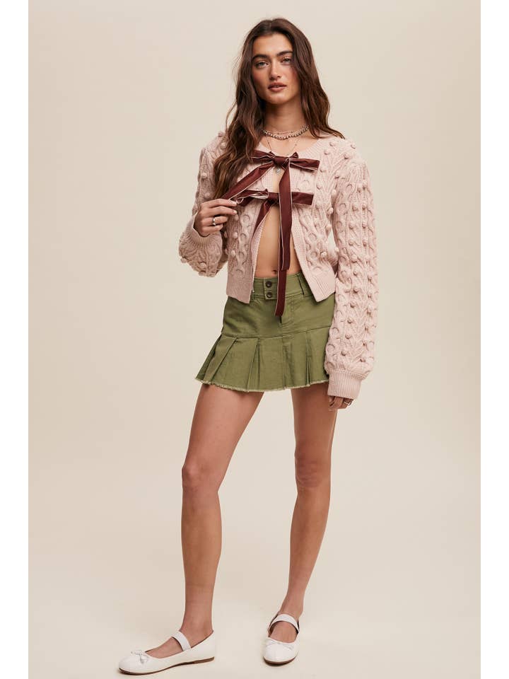 Listicle - Wholesale Cardigan - Women's - Pom Cable Knit Tie Cardigan44