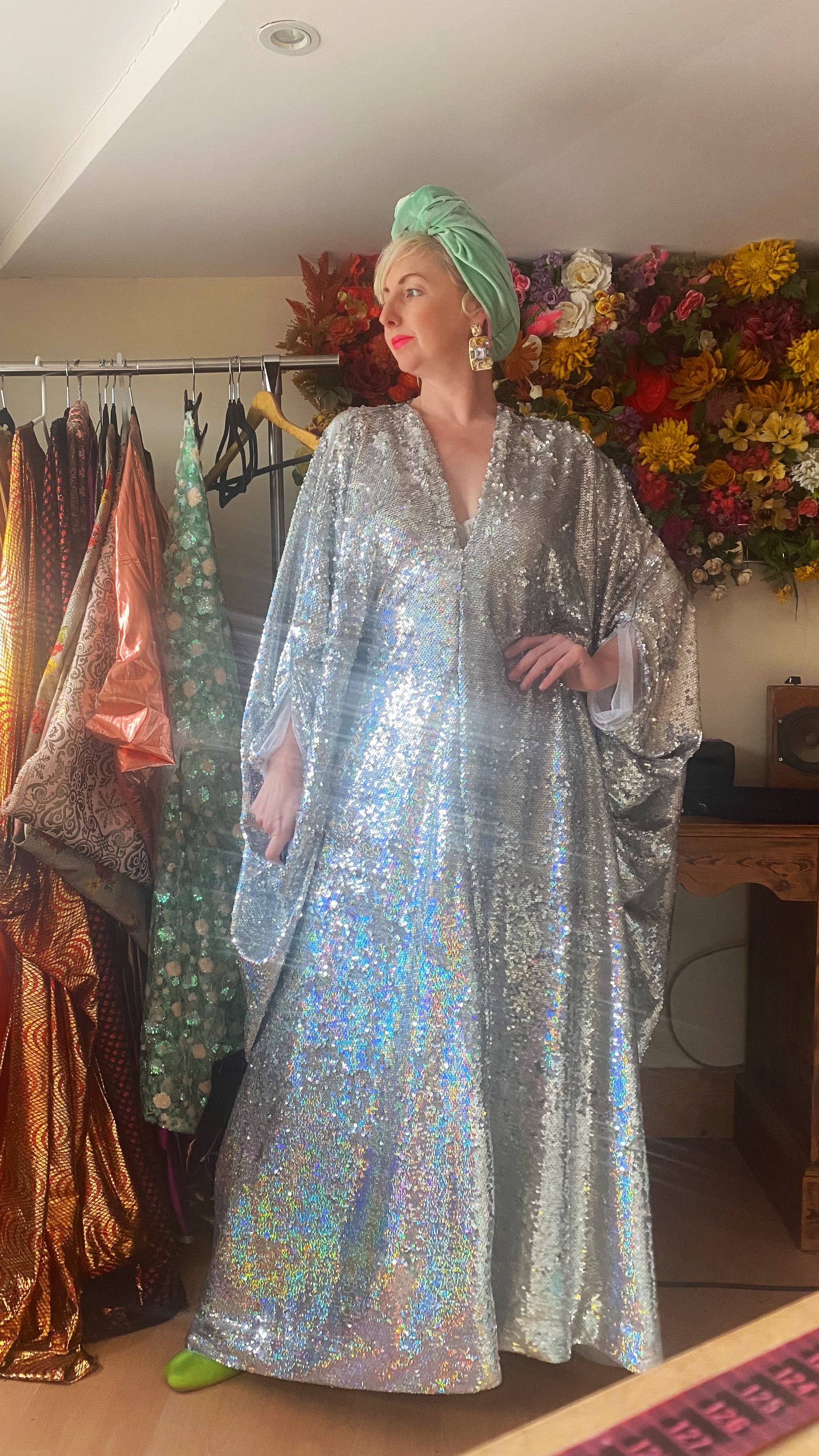 Fumbalinas – wholesale Kaftan – Women's – Silver Metallic Holographic/  Sequin Kaftan Gown / Dress56