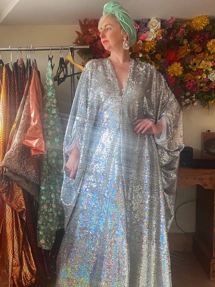 Fumbalinas - Wholesale Kaftan - Women's - Silver Metallic Holographic/ Sequin Kaftan Gown / Dress56
