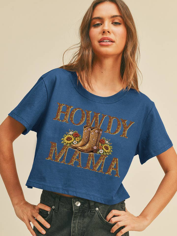 Camiseta Boxy Crop Lavada Premium Howdy Mama por atacado de Honestee